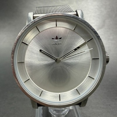 Adidas District M1 Watch Men Silver Dial Silver Tone Round Mesh Band New battery