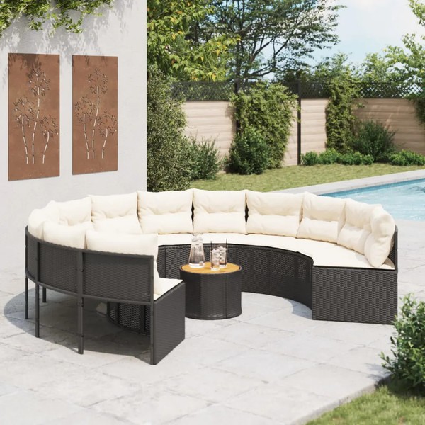 Poly-Rattan Gartensofa Rund Mit Tisch Und Kissen Schwarz-image