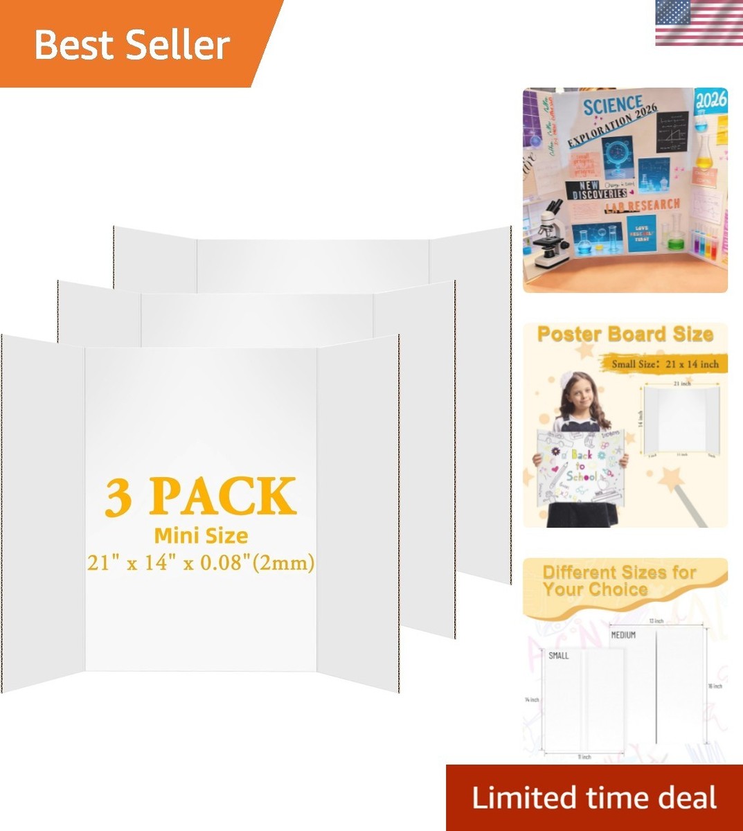 3Pcs Small Trifold Poster Board, 21 x 14 inches White Tri Fold