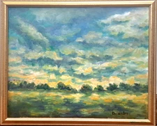 Oil Painting Sunlit Clouds Water Trees ORIGINAL  Landscape Framed by Donalee