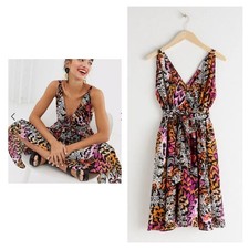 & OTHER STORIES Feather Print Cotton Mini Dress Tie Belt Art To Wear Sz 0 NWT