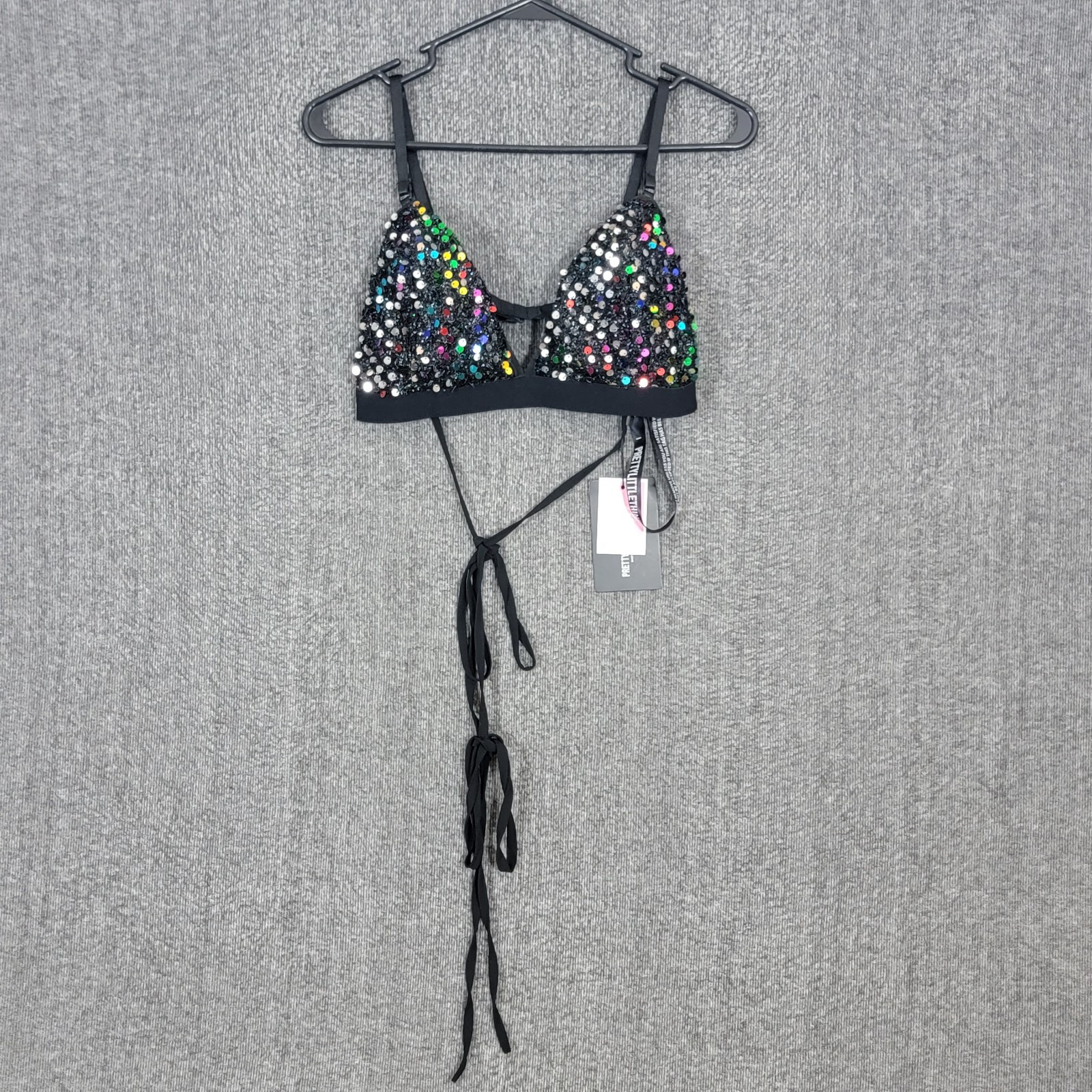 Pretty Little Thing Bralet Womens 12 Black Cicely Multi Sequin Harness Top