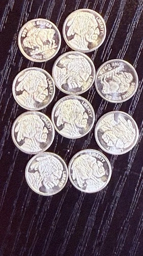 (Lot of 10) -1 GRAM .999 FINE SILVER ROUNDS-BUFFALO NICKEL DESIGN Silver Bullion