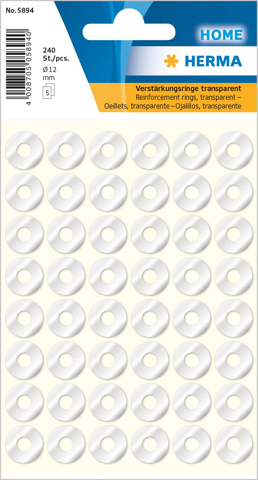 HERMA 5894 Reinforcement Rings, 5 Sheets, Diameter 12 mm, 48 Per Sheet, 240 Stic