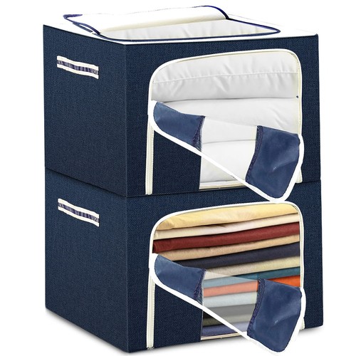 2 Pack Clothes Storage Container Set - 72L Closet Organizer Bag With Steel Fr...