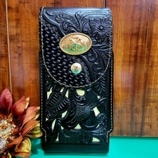 STAR Western Leather Phone Pouch Holster for  black and Beige Lasercut