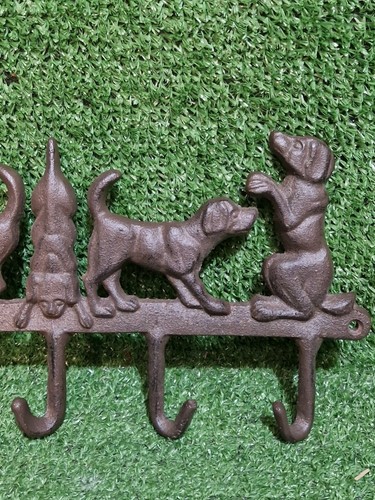 Cast Iron Rustic Coat Hooks 5 Playful Dogs Hangers Wall Mounted 35 x 17cm Heavy - Picture 7 of 9