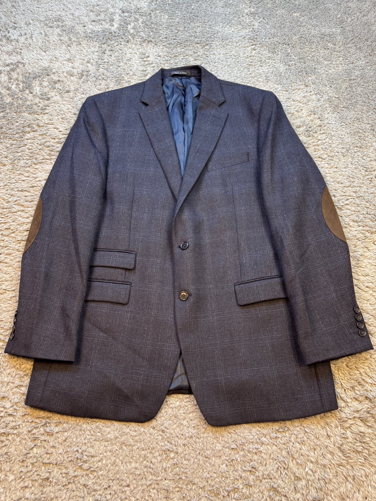 Ralph Lauren Blazer Men 44L Gray Wool Windowpane Plaid Tweed Elbow Patch Jacket