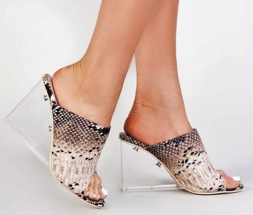 Clear High Heel Sandals Wedge Slide Mules Open Toe Natural Snakeskin Cape  Robbin | eBay