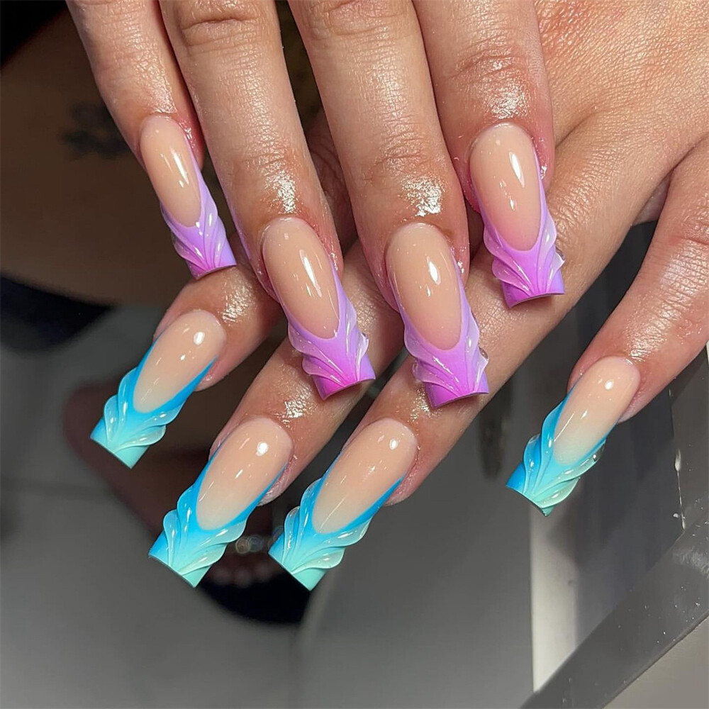 Medium Square Press-On False Nail 3D Soild French Gradient Pearl