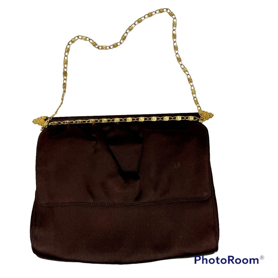 Bolsa de noite vintage anos 50 Morris Moskowitz chocolate cetim ouro corrente bolsa FLAPPER - Imagem 3 de 4