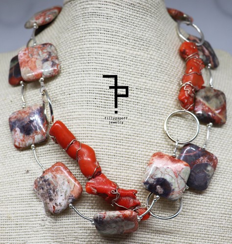 Necklace Opal Brazilian, Coral And Silver Made by Hand - Picture 4 of 6