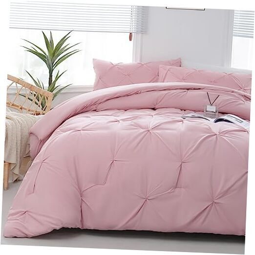 Comforter Set - 3 Pieces Cute Pinch Pleat Bed Set, Soft Fluffy Queen Pink