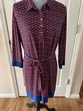Donna Morgan Navy/Orange Chevron Stretch Belted Shirt Dress Sz 14P $100+ Retail