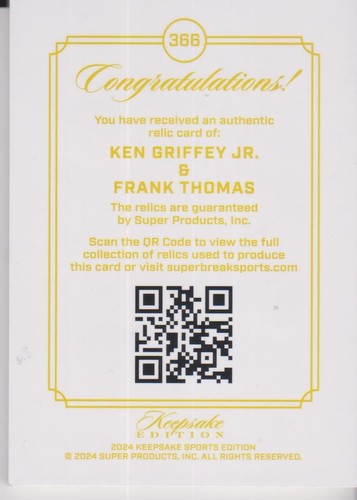 2024 KEEPSAKE EDITION *KEN GRIFFEY JR/FRANK THOMAS DUAL GEM RELICS #D/99 (HOF) - 第 2/2 張圖片