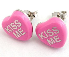 Sterling Silver Sweetheart "Kiss Me" Dark Pink Enamel Stud Earrings Hearts