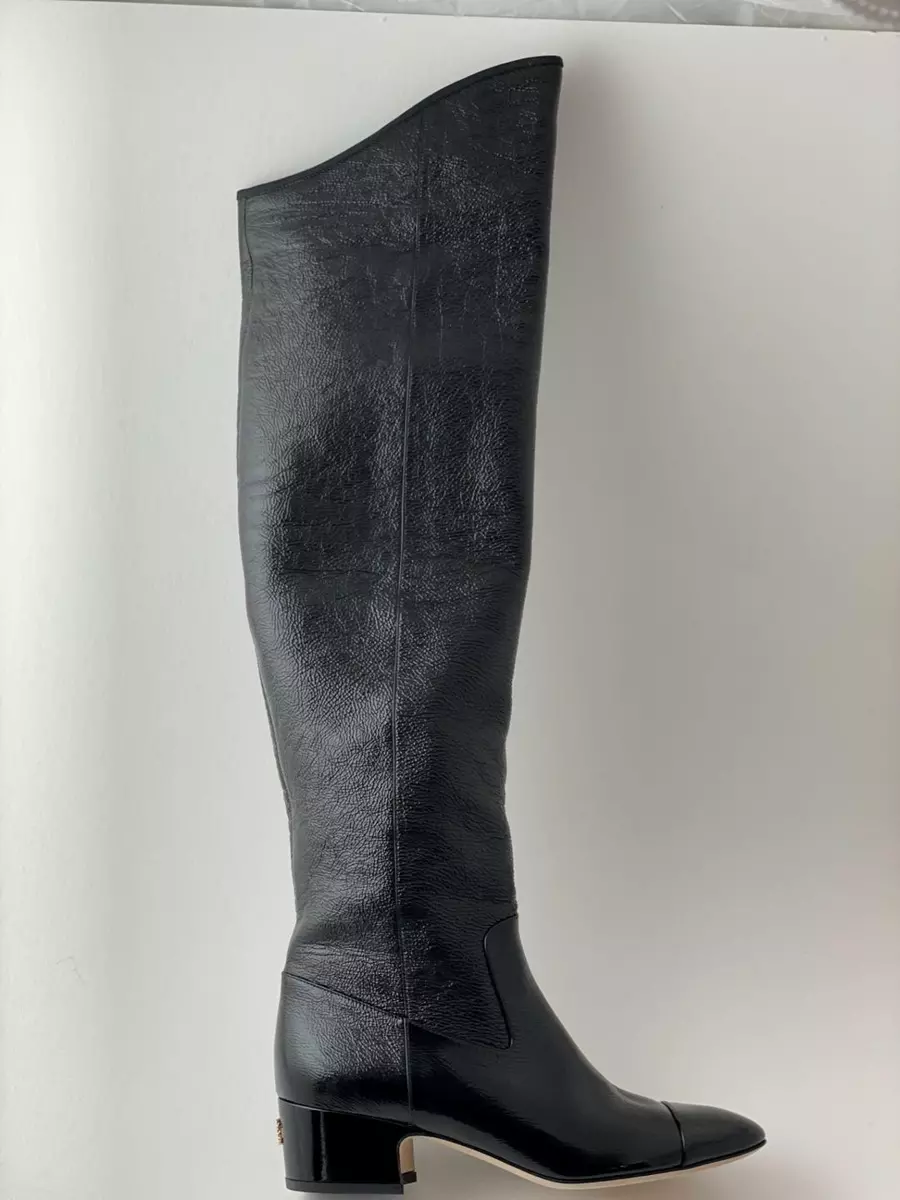 CHANEL 2020 Patent Leather CC Logo Cap Toe Over The Knee High Tall Boots  $2025