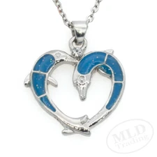 Blue Dolphin Heart Pendant Necklace - Silver Plated, 18"+2" Chain Jewelry Gift