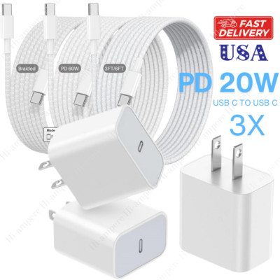 3X 20W Fast Charger Type C Cube USB-C To USB C Cable For iPhone 15 16 17 Samsung