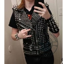 Spiked Studded Men's Vest Jacket, Personalized Belted Style Biker Leather Jacket
