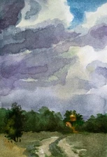Landscape Ukrainian Art Original Watercolor Painting Nature Forest Field Clouds