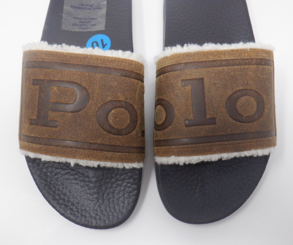 Polo Ralph Lauren Men's Brown Suede Leather Slide Sandals Sherpa