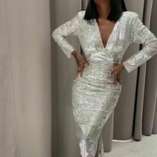 Zara Silver Sequin Midi Dress Size Medium M Ball  Cruise Engagement