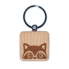 Peeking Raccoon Engraved Wood Square Keychain Tag Charm