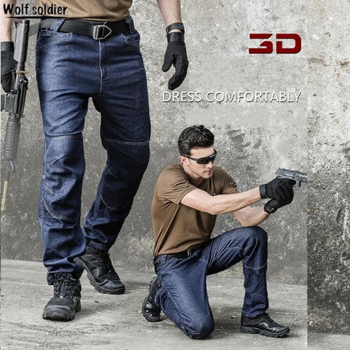 Jeans para hombre de combate táctico de Trabajo Pantalón Cargo Pantalones  De Mezclilla Informales de bolsillos | eBay