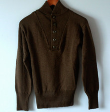Military Army Wool Sweater Brown Henley Button Waffle Knit Wool Size Med 38-40