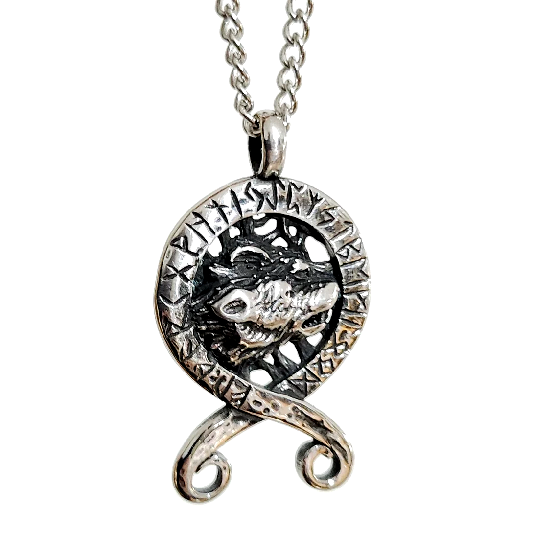 Troll Cross Wolf Pendant 24"" Curb Necklace Rune Norse Symbol of Protection Boxed
