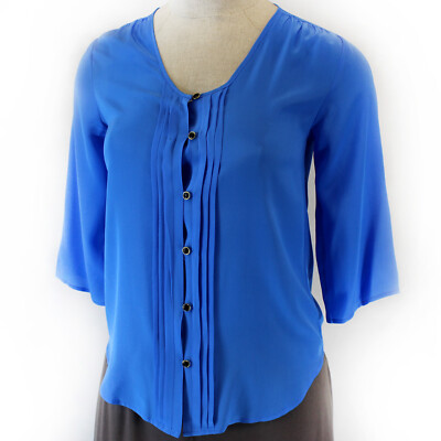 Yumi Kim Blue Buttons Down 100% Pleated Silk Blouse Shirt Medium