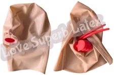 Latex Hood Closed Eyes Mask with back zipper&long nose tube&red braces Fetish US