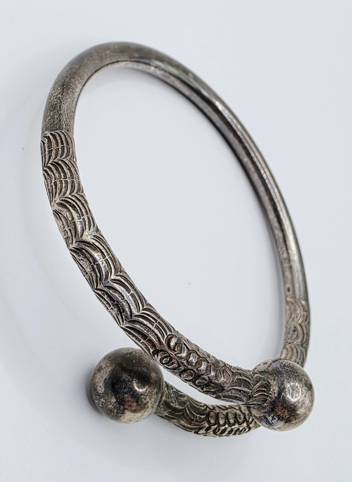 Vintage Solid Sterling Silver Cuff Bangle Hand Et… - image 2