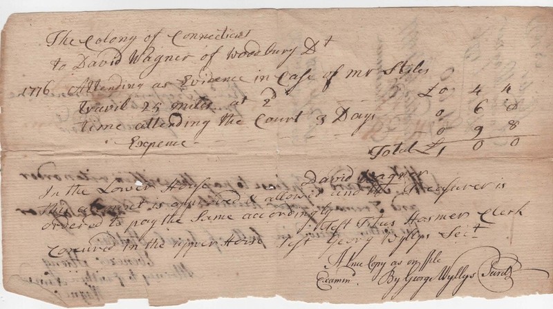 1776, David Wagner, pay for trial of Benjamin Stiles, Tory of Woodbury, CT.
