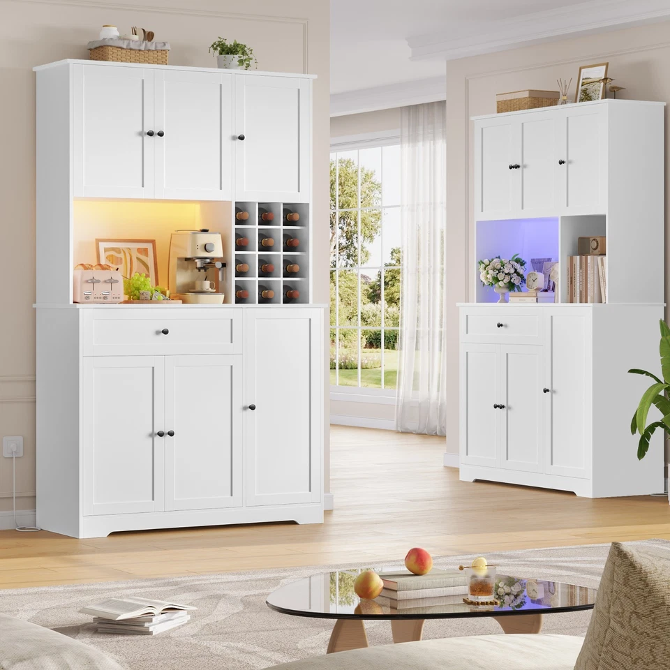 Buffet avec Multiprise/LED Meuble de Cuisine avec Casier à Bouteilles Amovible - Photo 3/4
