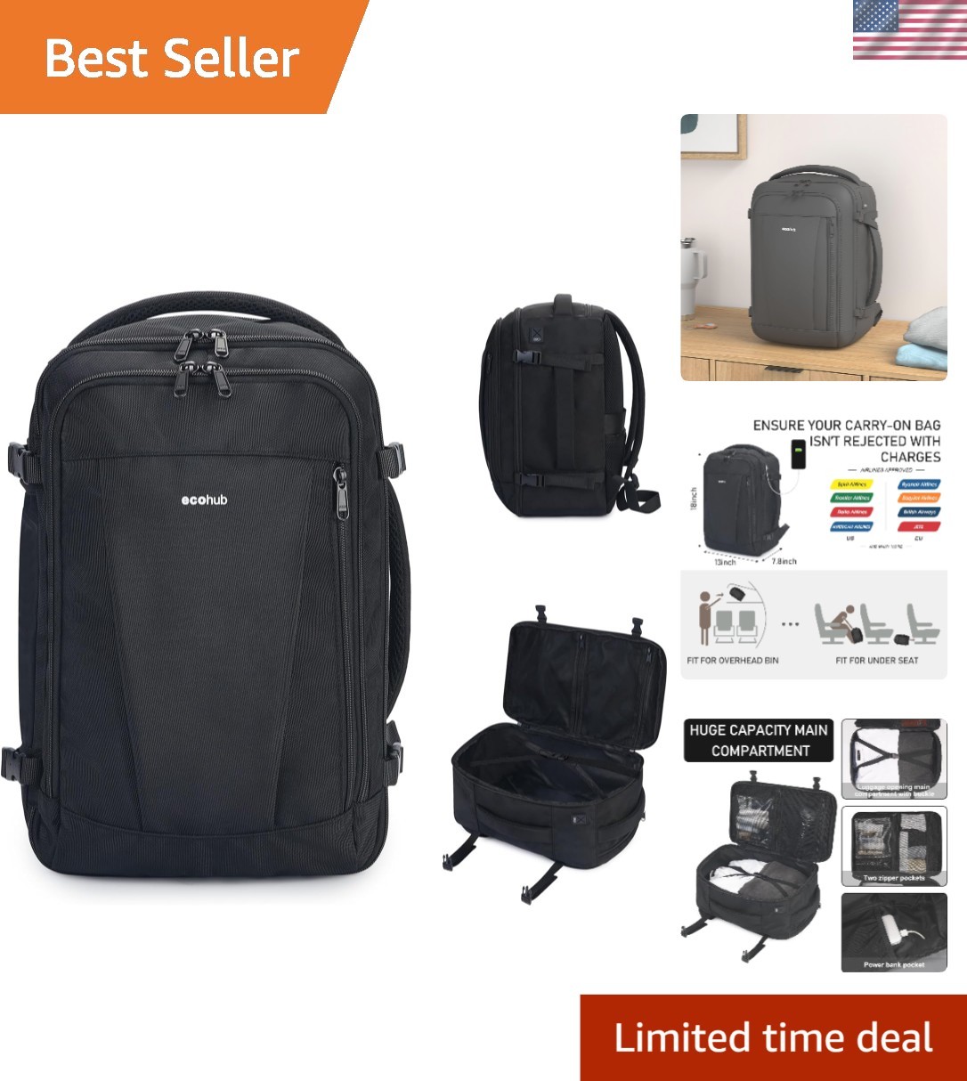 Lightweight Water-Resistant Daypack with USB Charging Port for Travel  