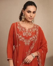 Women Latest Designer Heavy Embroidered Rust Silk Blend Kurta With Pant Designer
