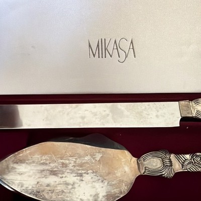 Vintage Mikasa Cake Server & Knife Set-Silver Plated W/Velvet Box