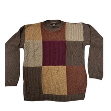 VTG Liberty Sweaters Patchwork Cable Knit Brown Multi Color Made In USA M Mens