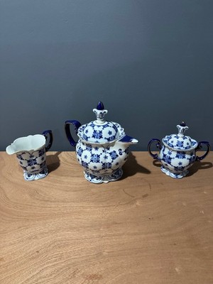 Vintage Bombay Company Blue White Porcelain Tea Pot, Creamer, & Temple Jar