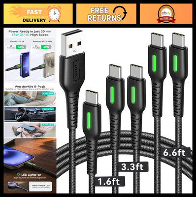 Fast Charging USB C Cable 5-Pack [1.6/3.3/6.6 ft] Nylon Braided Type C Charger f