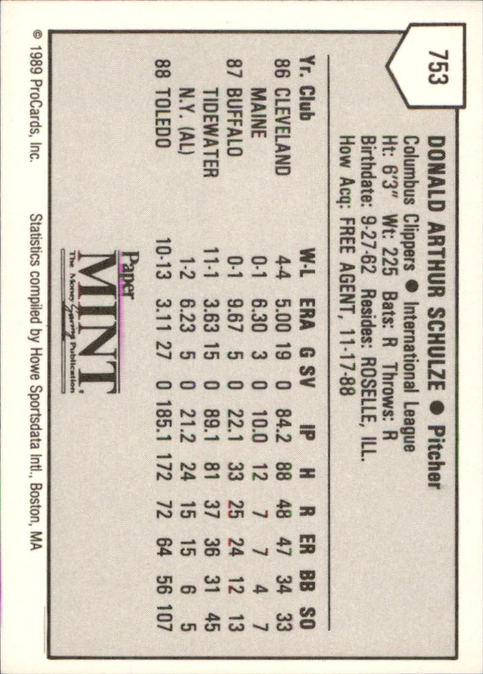 Don Schulze 1989 ProCards Minors T/S #753 RC Columbus Clippers AutographDen - Image 2 of 2
