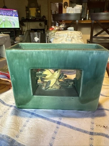 McCoy MCM Square Green Vase Planter with Bird Inset double sided
