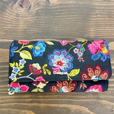 Desigual Floral Embroidered Wallet Black Multicolor Snap Clutch Boho