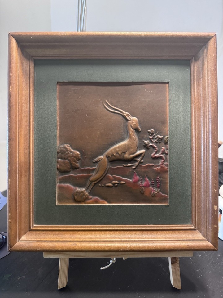 Hand-tooled copper 'Cop-R-Art' wall piece in a wood frame depicting an antelope — a forgotten 1960s American craft medium that's wildly underappreciated.