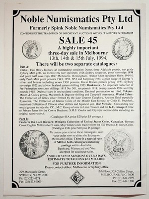 Noble Numismatics Pty Ltd Original 1994 Auction Print Advertisement
