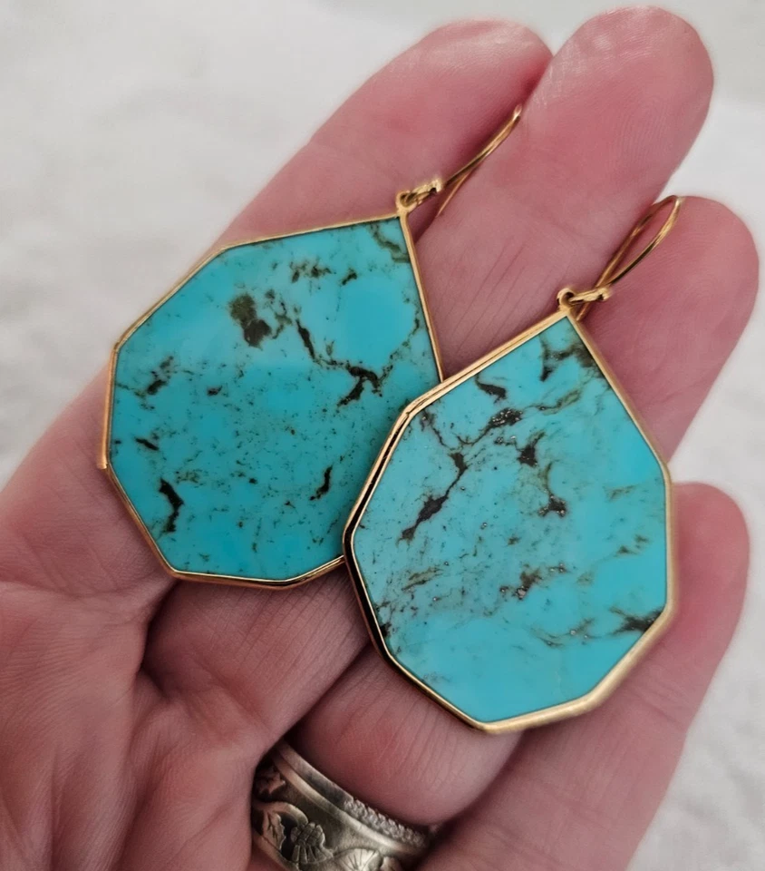 Pendientes colgantes llamativos de 2" de diseño Ippolita de oro amarillo de 18 quilates con rebanada turquesa Foto 3 de 4