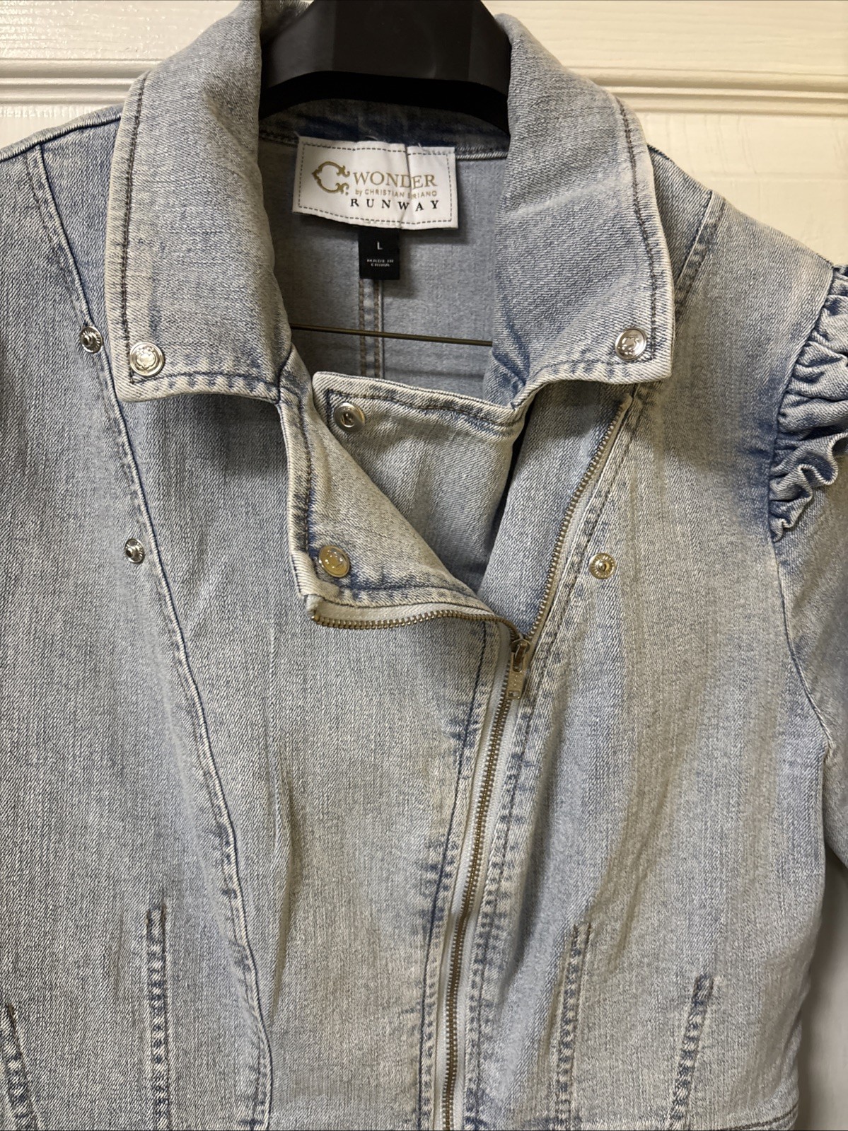 C Wonder by Christian Siriano Denim Peplum Moto Jacket Sz Large Fadeout Wash