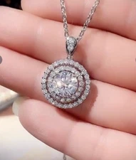 2 Ct Real Moissanite Double Halo Pendant Necklace 14K White Gold Plated Silver